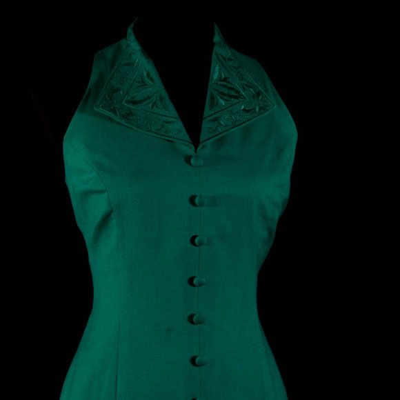Vintage 1990s Ann Tobias Spring Green Linen Sheath Dress Detail Embroidery - Picture 7 of 12